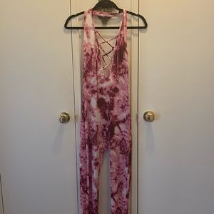 RED TIE DYE HALTER JUMPSUIT